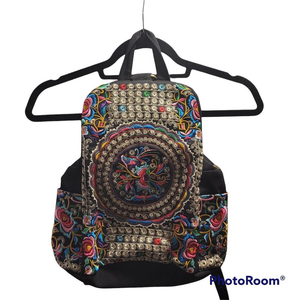 Black Embroidered Boho Backpack with Multicolor Medallion